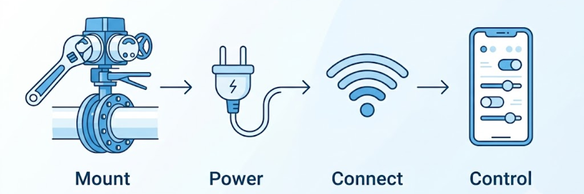 Butterfly valve controller workflow diagram: Mount, Power, Connect Wi-Fi, Control